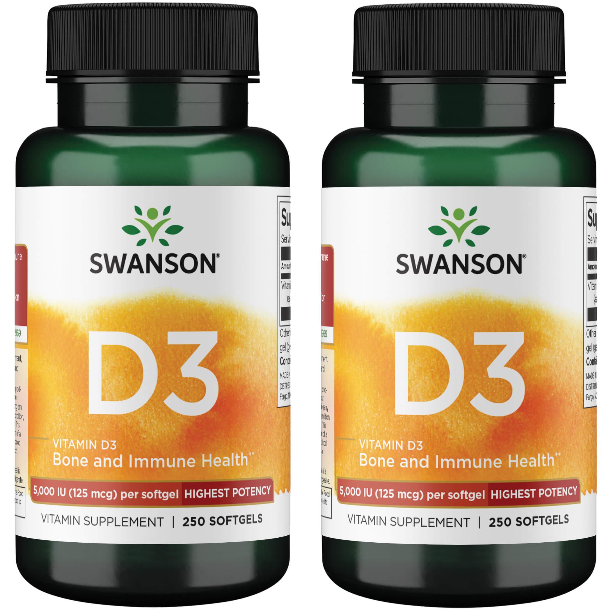 Swanson Premium Vitamin D3 - Highest Potency 2 Pack 5000 Iu 250 Soft Gels