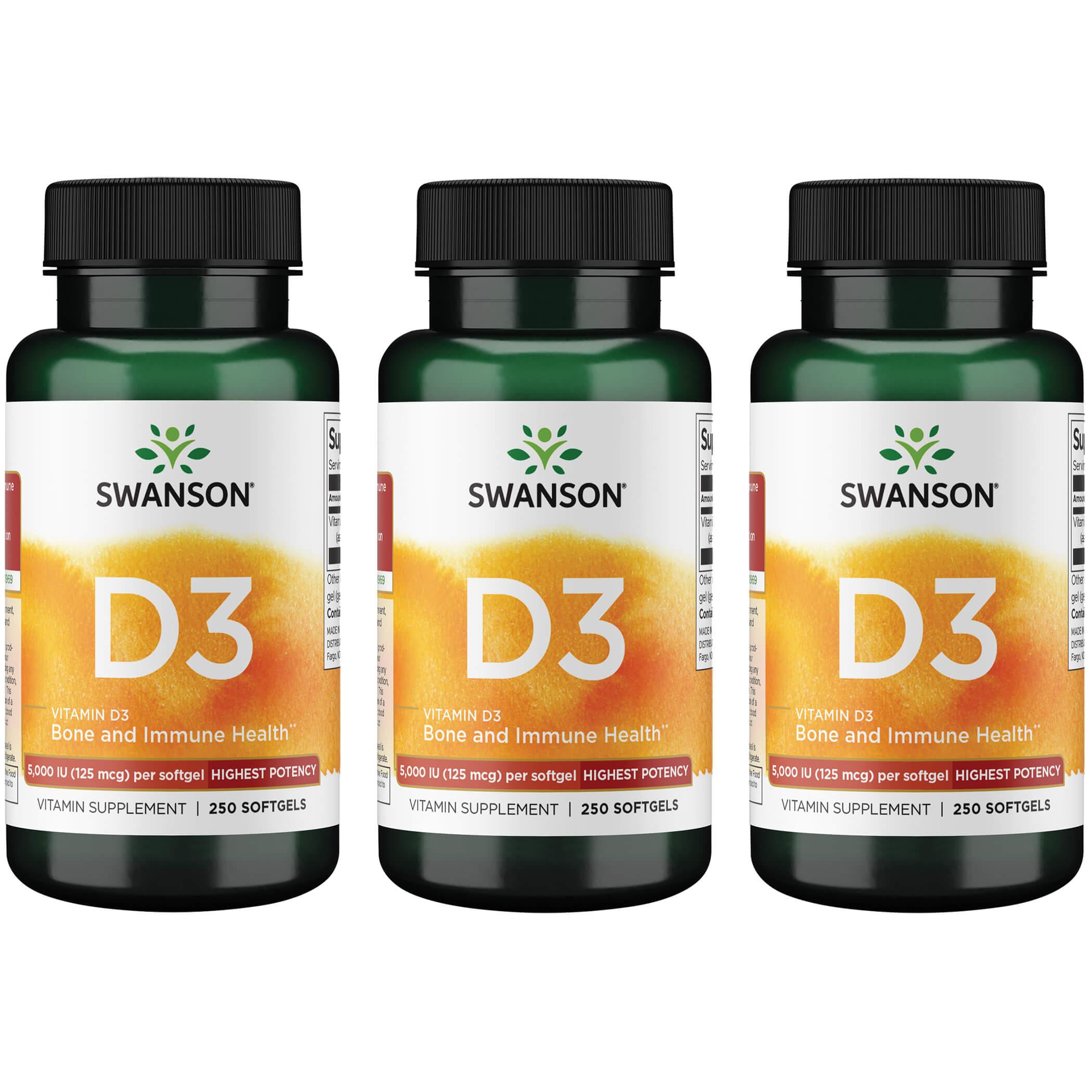Swanson Premium Vitamin D3 - Highest Potency 3 Pack 5000 Iu 250 Soft Gels