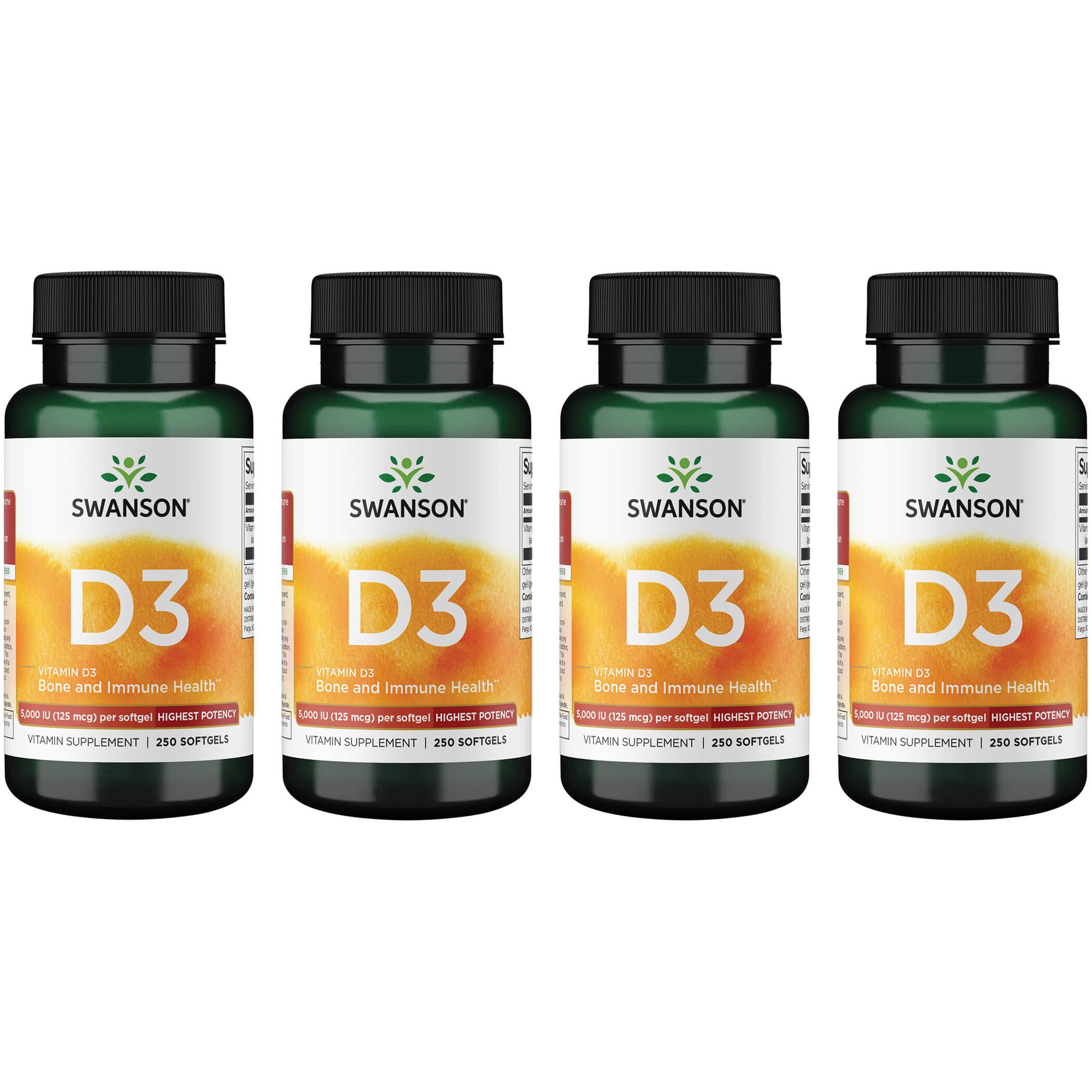 Swanson Premium Vitamin D3 - Highest Potency 4 Pack 5000 Iu 250 Soft Gels