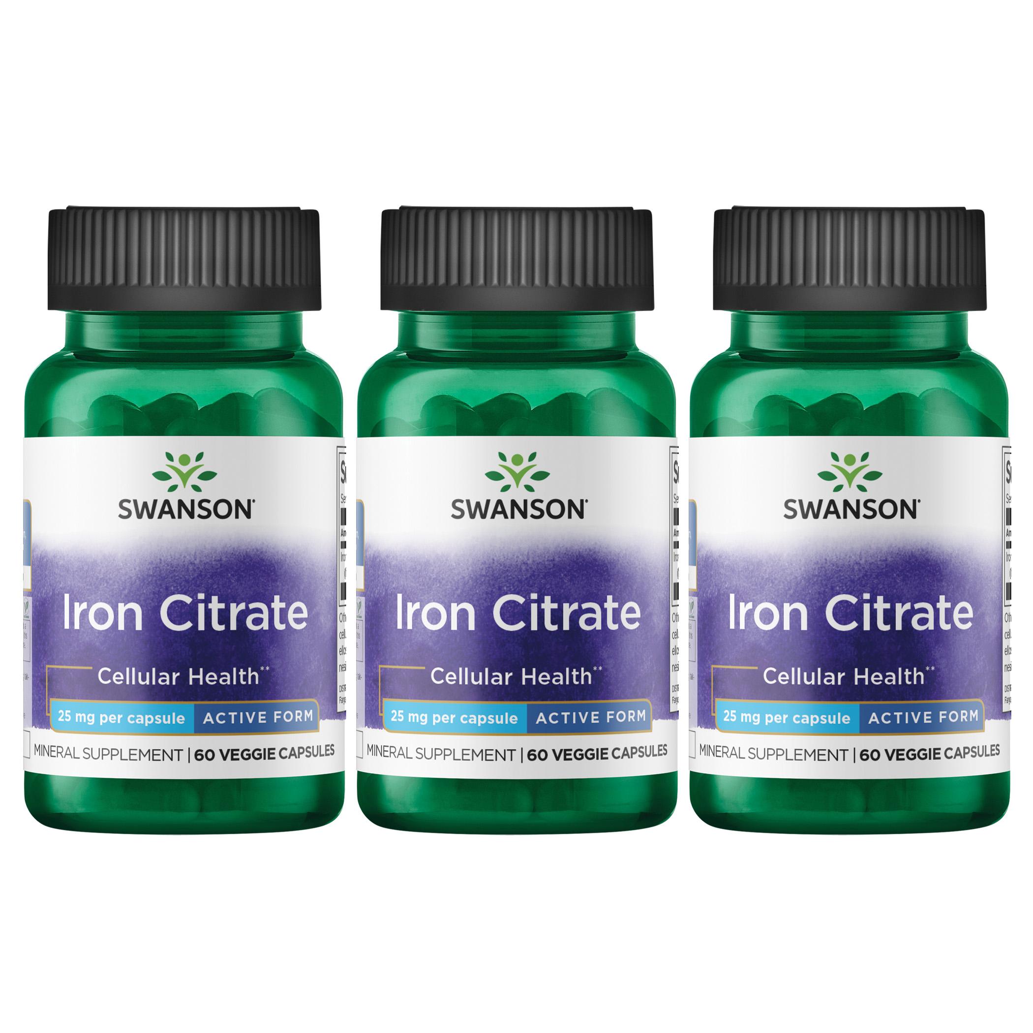 Swanson Premium Iron Citrate - Active Form 3 Pack Vitamin 25 mg 60 Veg Caps