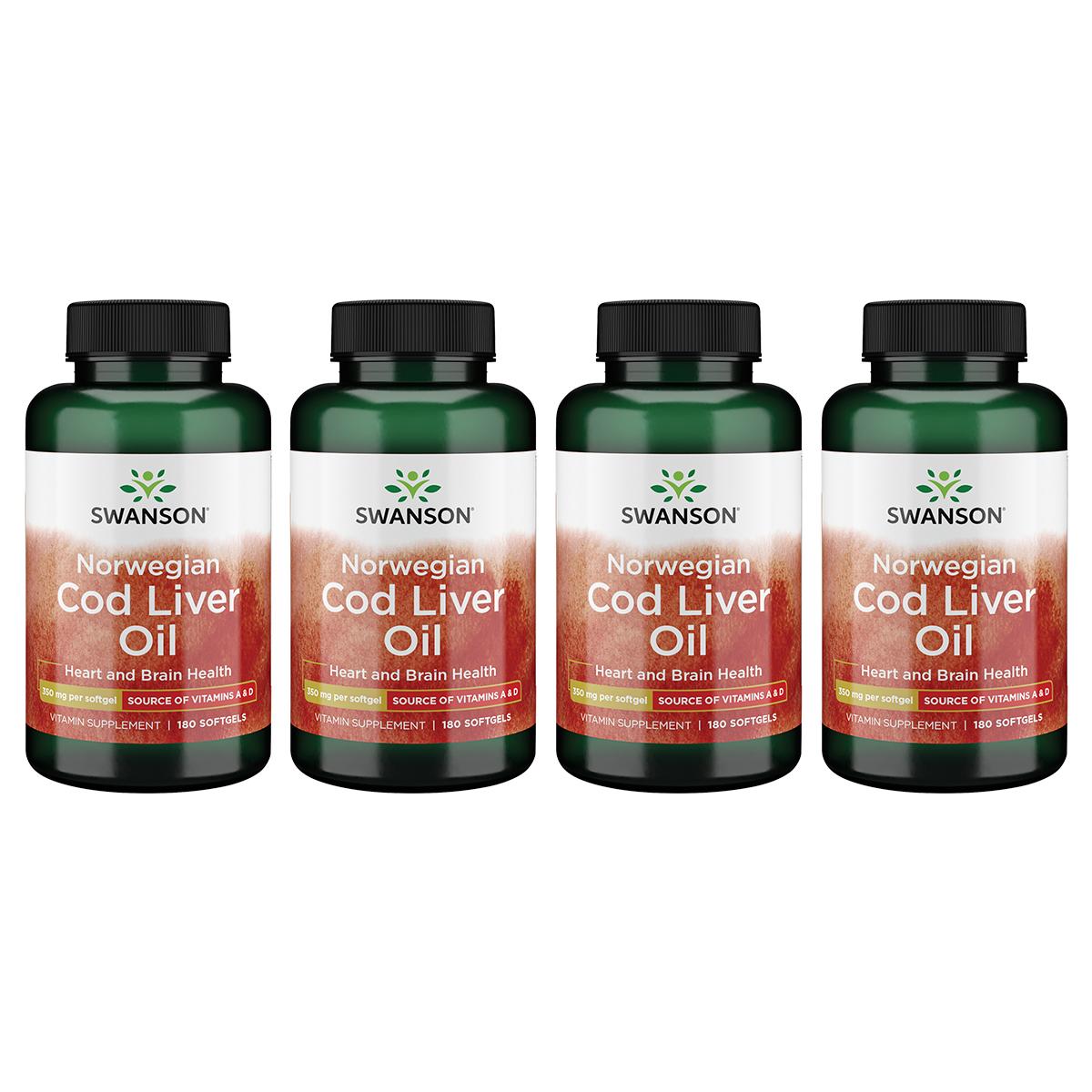Swanson Premium Norwegian Cod Liver Oil 4 Pack Supplement Vitamin 350 mg 180 Soft Gels