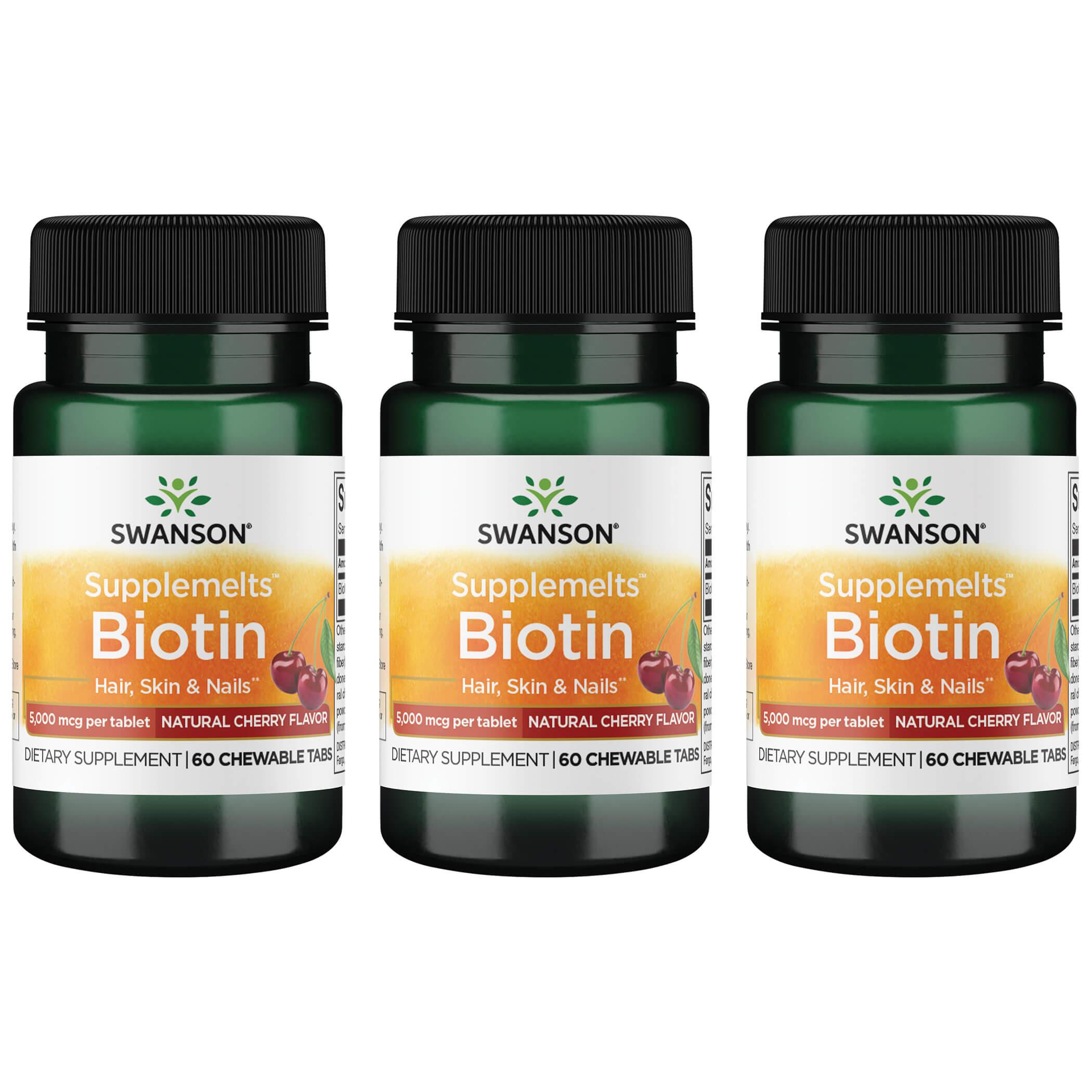 Swanson Premium Supplemelts Biotin - Natural Cherry Flavor 3 Pack Vitamin 5000 mcg 60 Chewables