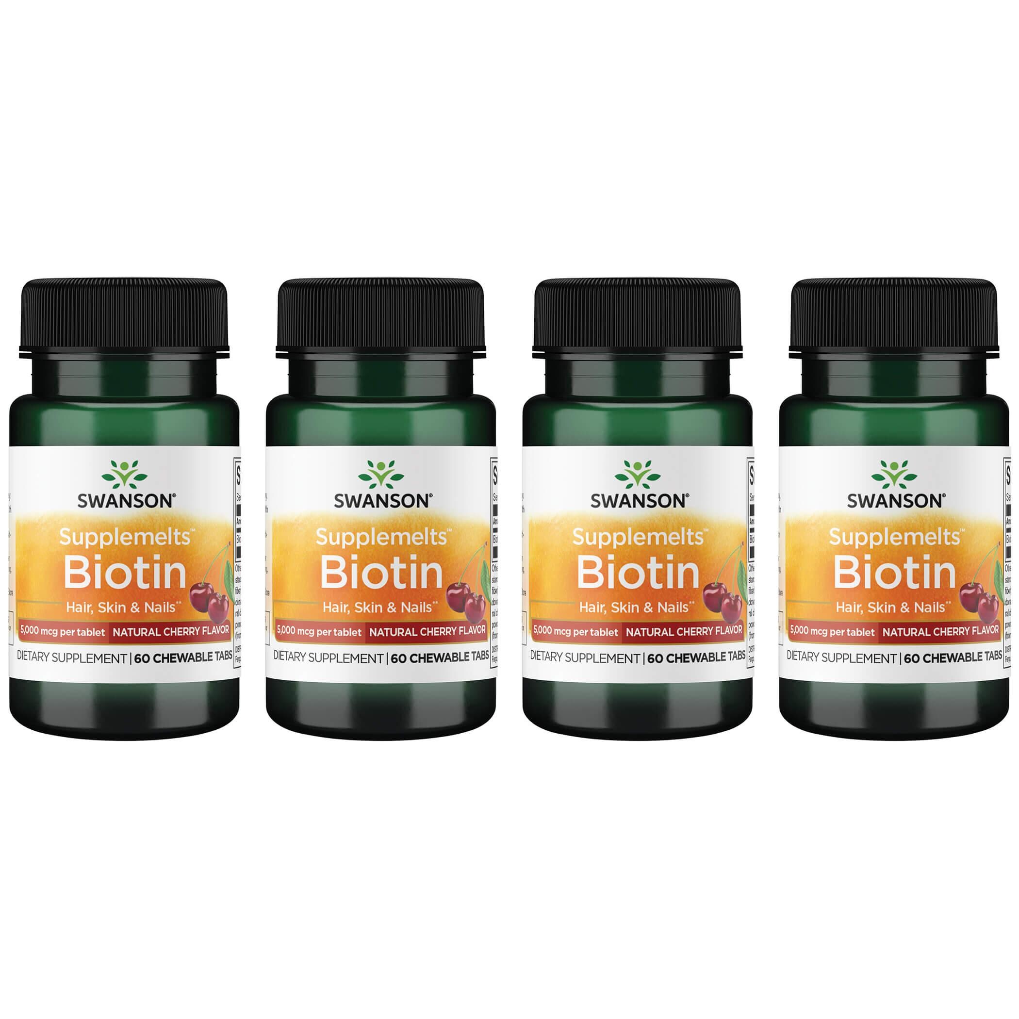 Swanson Premium Supplemelts Biotin - Natural Cherry Flavor 4 Pack Vitamin 5000 mcg 60 Chewables