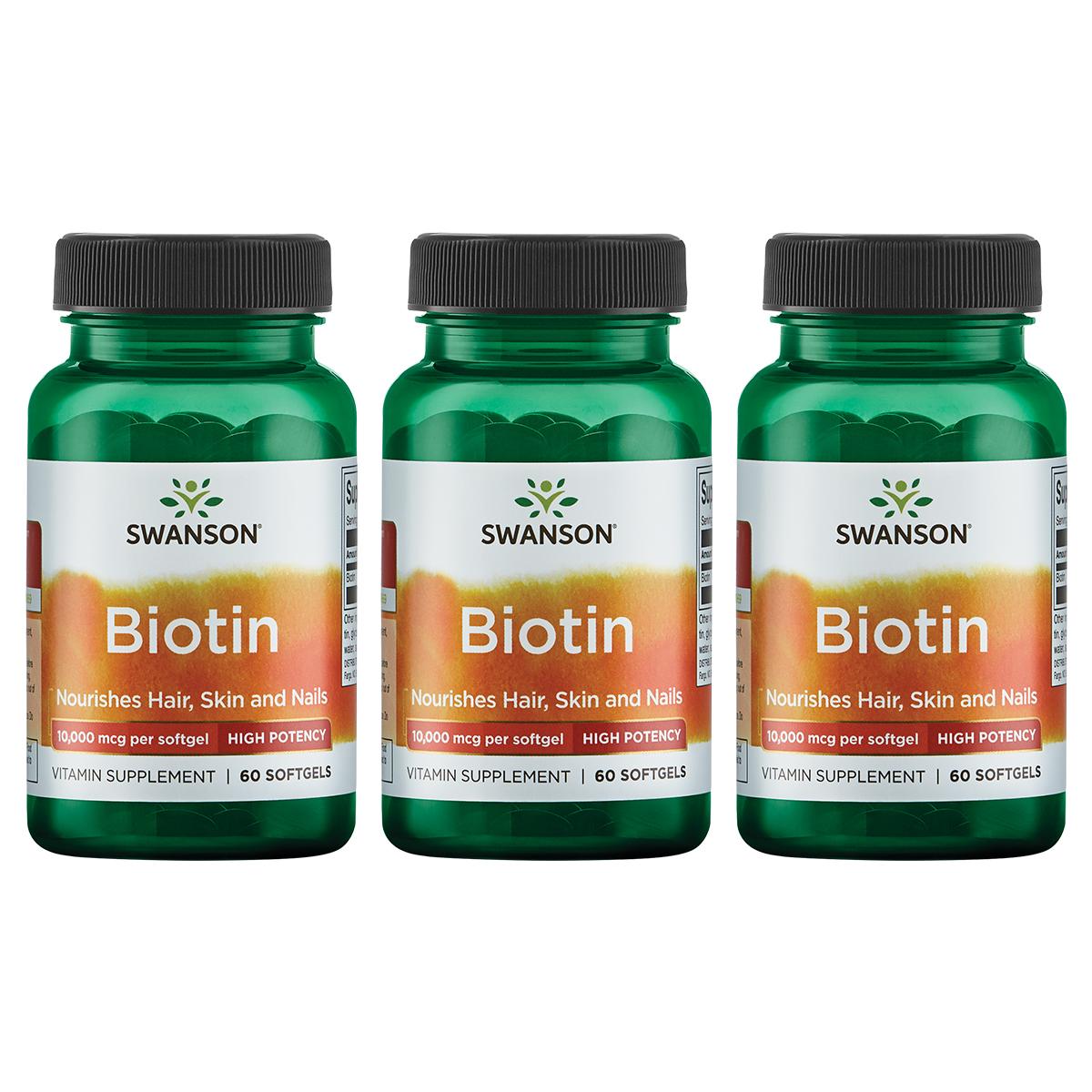 Swanson Premium Biotin - High Potency 3 Pack Vitamin 10000 mcg 60 Soft Gels