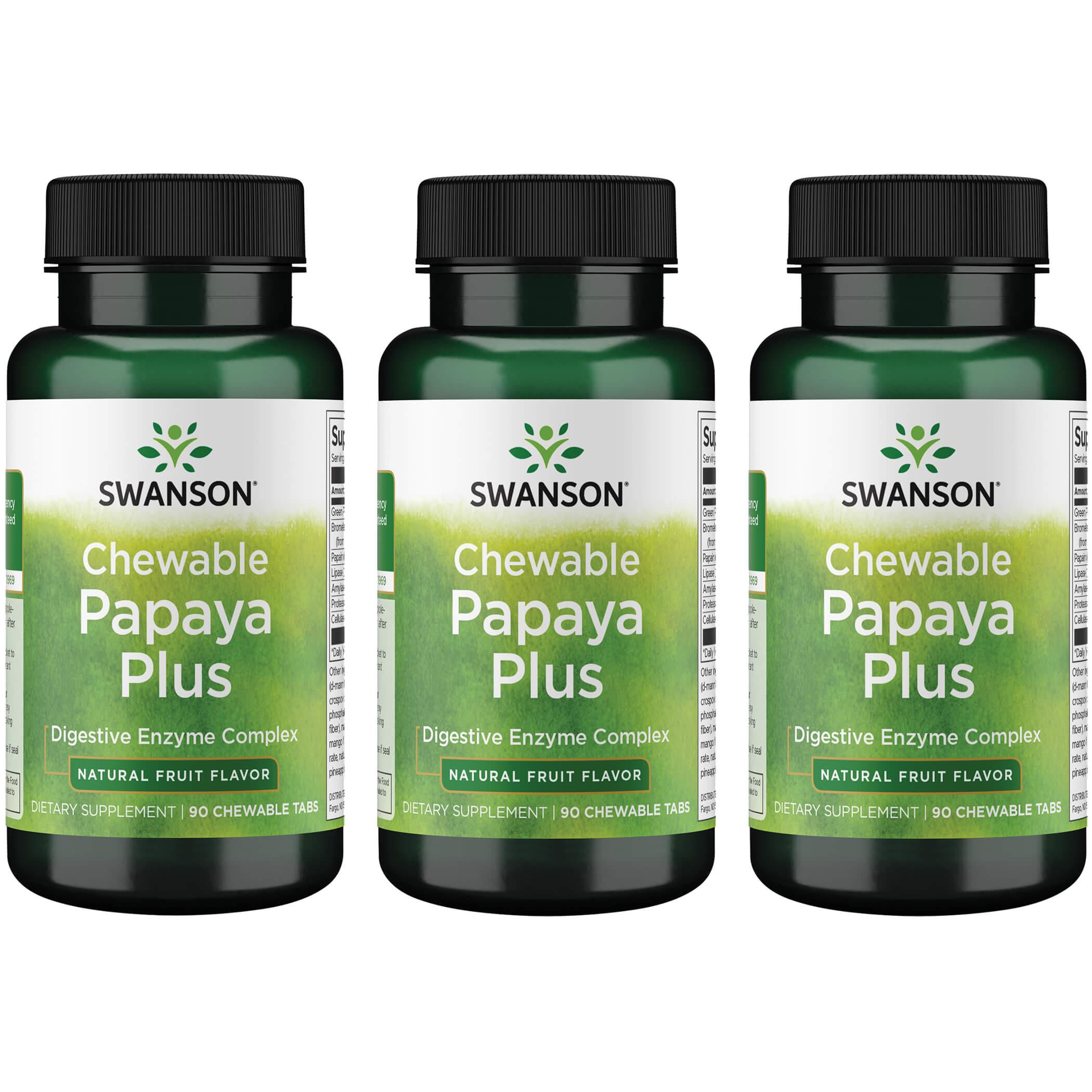Swanson Premium Chewable Papaya Plus - Natural Fruit Flavor 3 Pack Supplement Vitamin 90 Chewables