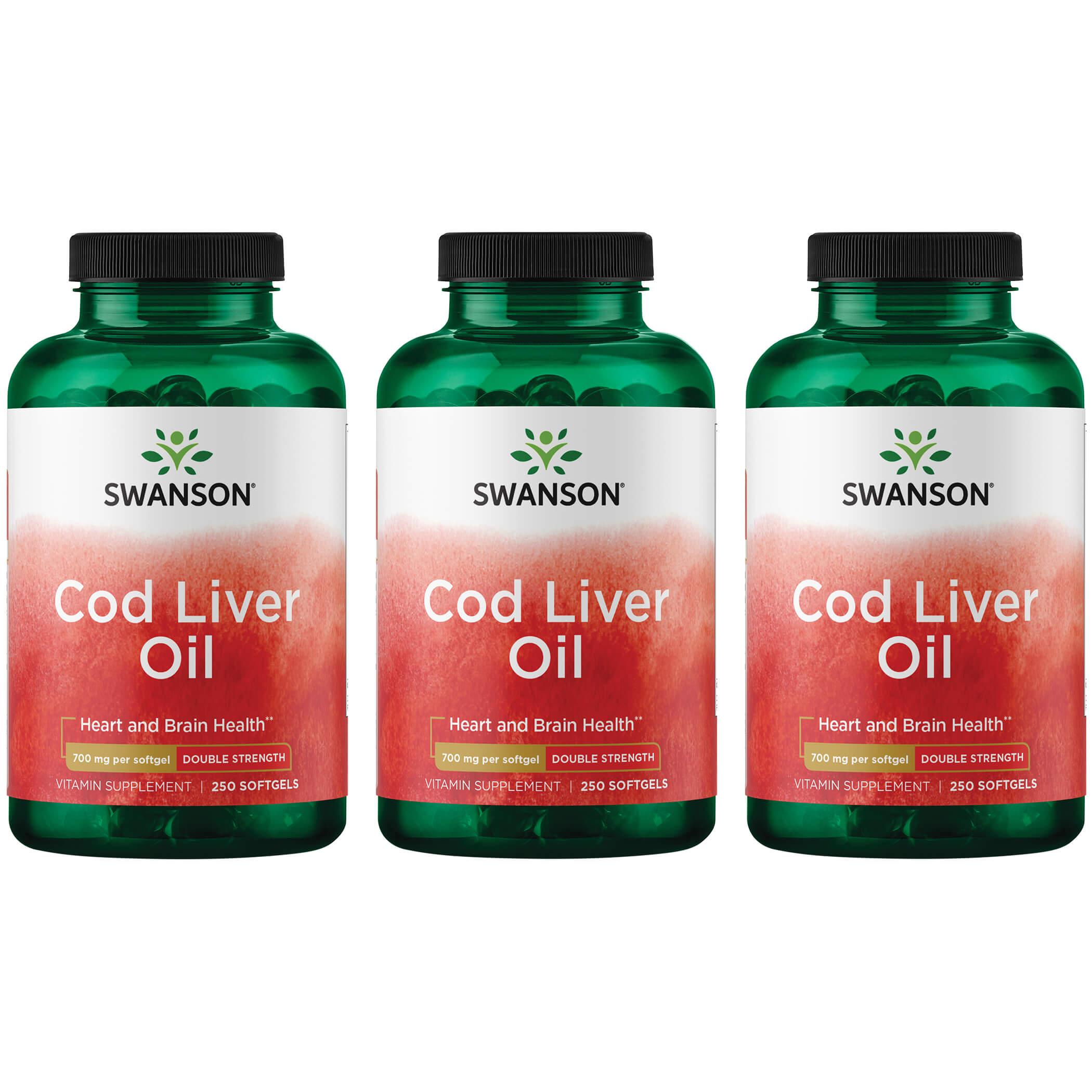 Swanson Premium Cod Liver Oil - Double Strength 3 Pack Supplement Vitamin 700 mg 250 Soft Gels