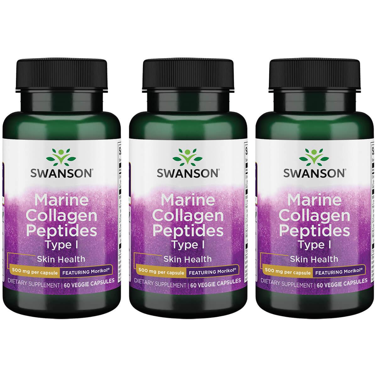 Swanson Premium Marine Collagen Peptides Type I - Featuring Morikol 3 Pack Supplement Vitamin 500 mg 60 Veg Caps
