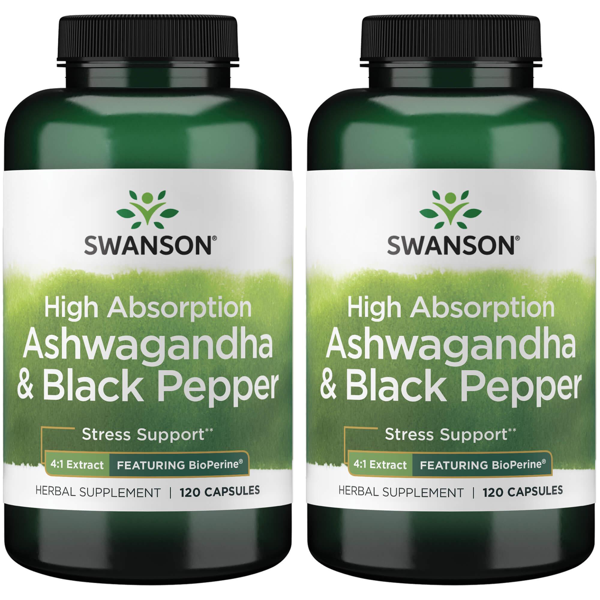 Swanson Premium High Absorption Ashwagandha & Black Pepper - Featuring Bioperine 2 Pack Vitamin 120 Caps