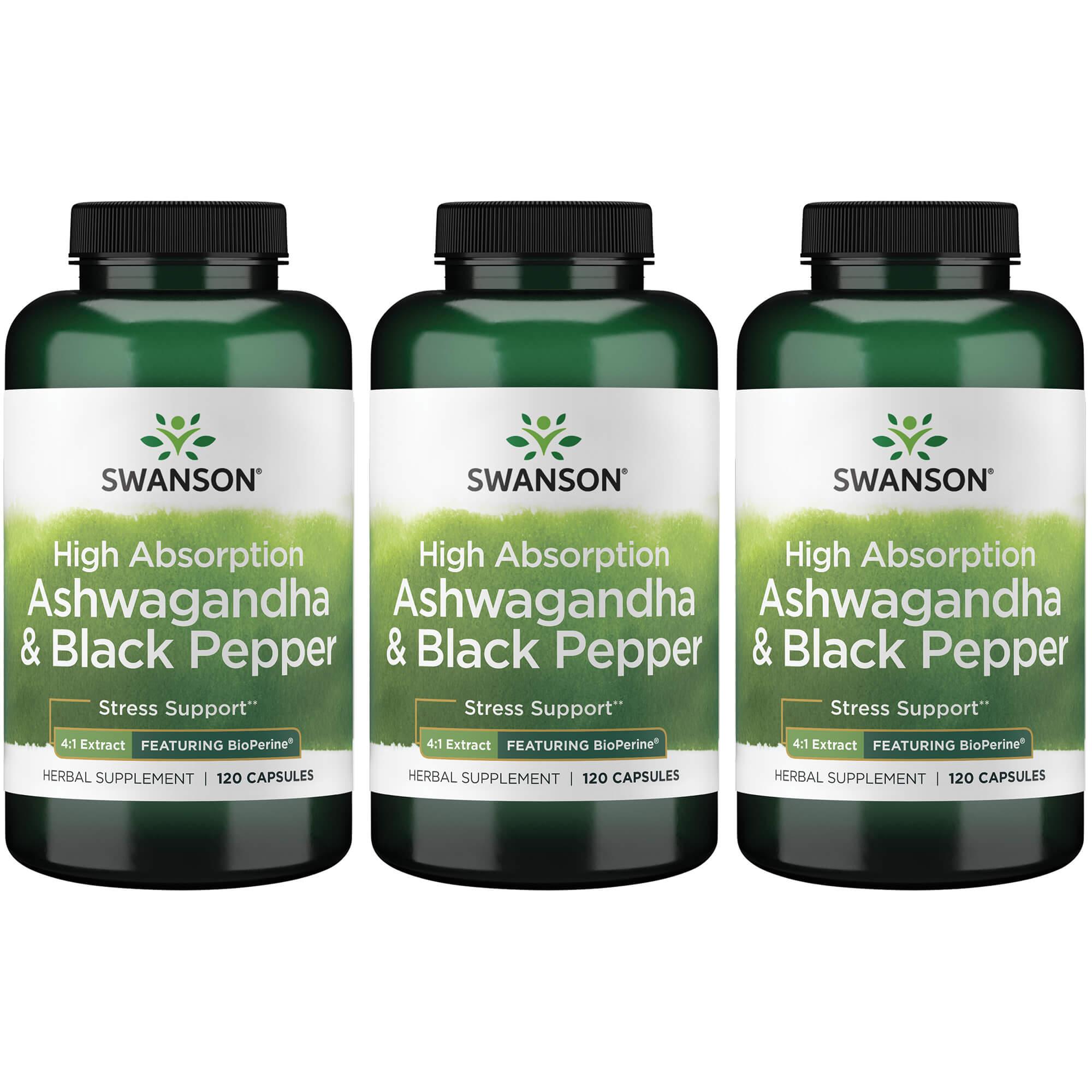Swanson Premium High Absorption Ashwagandha & Black Pepper - Featuring Bioperine 3 Pack Vitamin 120 Caps