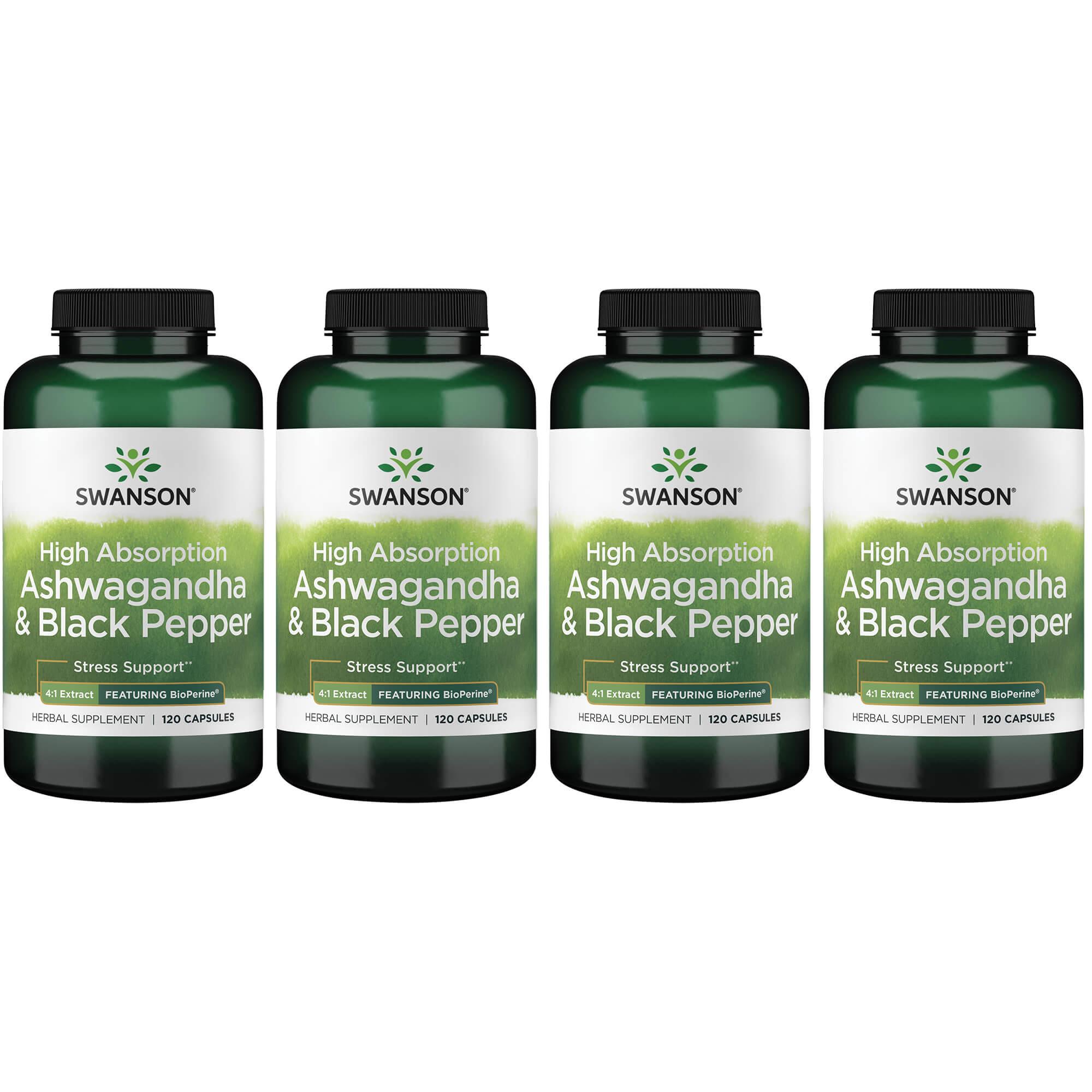 Swanson Premium High Absorption Ashwagandha & Black Pepper - Featuring Bioperine 4 Pack Vitamin 120 Caps