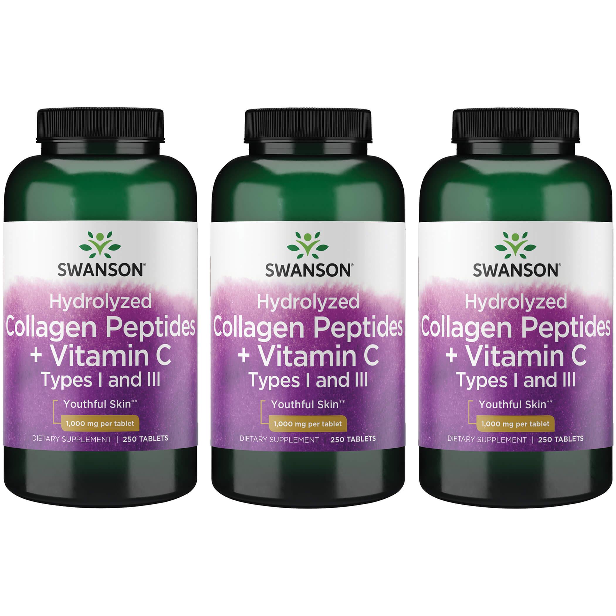 Swanson Premium Hydrolyzed Collagen Peptides + Vitamin C Types I and Iii 3 Pack 1000 mg 250 Tabs