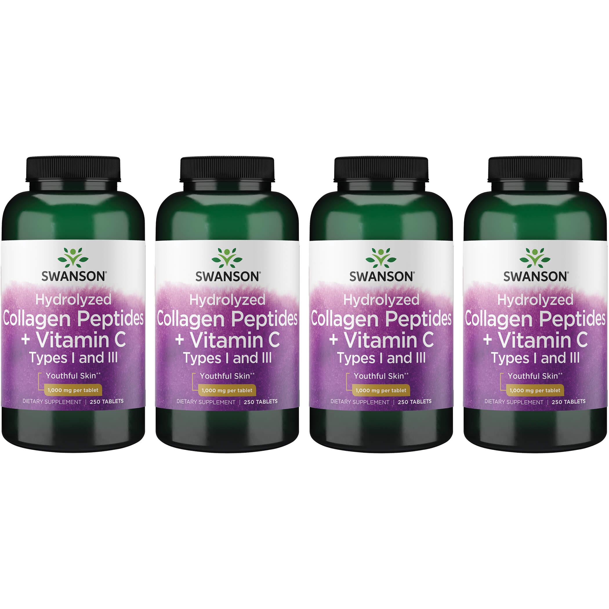 Swanson Premium Hydrolyzed Collagen Peptides + Vitamin C Types I and Iii 4 Pack 1000 mg 250 Tabs