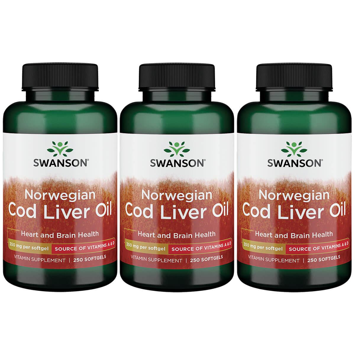 Swanson Premium Norwegian Cod Liver Oil 3 Pack Supplement Vitamin 350 mg 250 Soft Gels