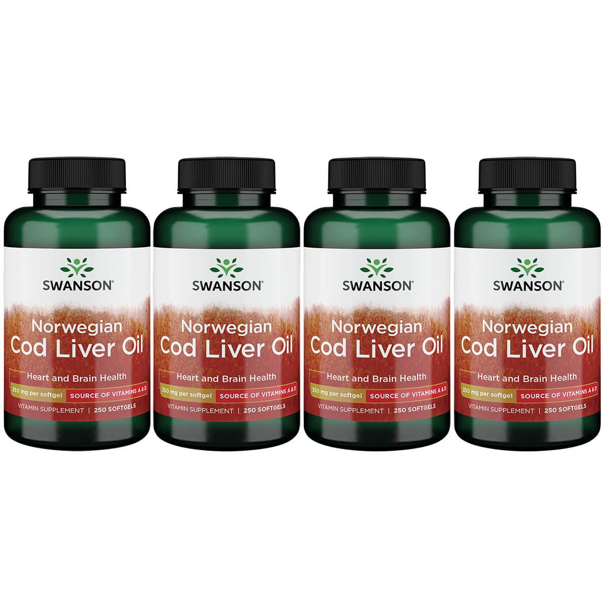 Swanson Premium Norwegian Cod Liver Oil 4 Pack Supplement Vitamin 350 mg 250 Soft Gels