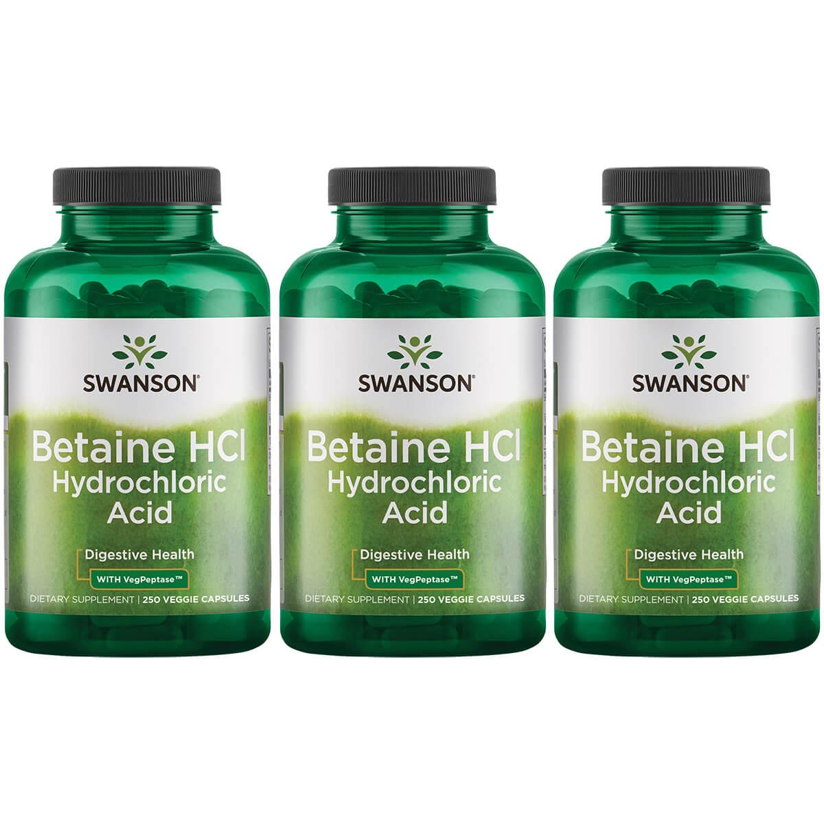 Swanson Premium Betaine Hcl Hydrochloric Acid with Vegpeptase 3 Pack Supplement Vitamin 250 Veg Caps