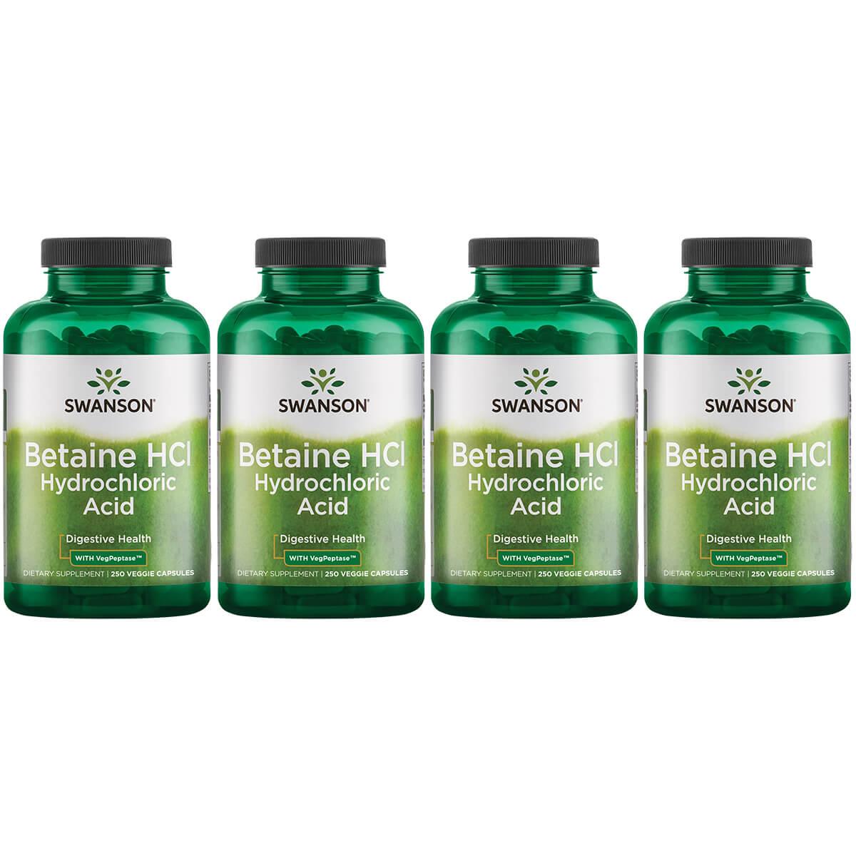 Swanson Premium Betaine Hcl Hydrochloric Acid with Vegpeptase 4 Pack Supplement Vitamin 250 Veg Caps