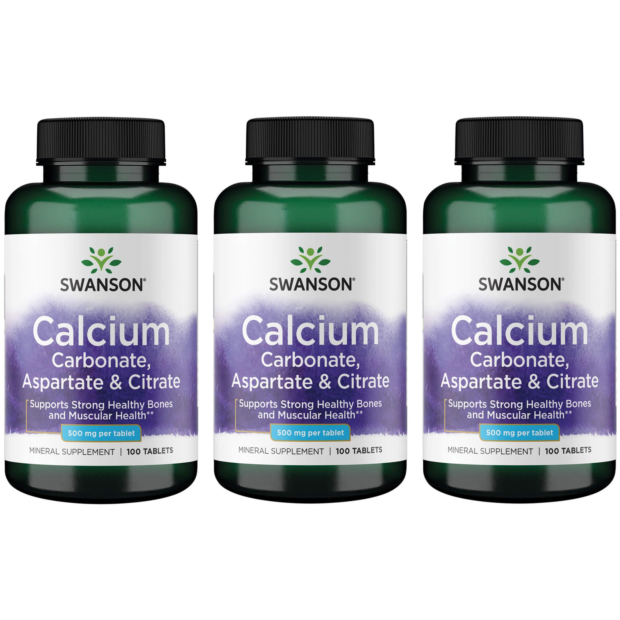 Swanson Premium Calcium Carbonate, Aspartate & Citrate 3 Pack Vitamin 500 mg 100 Tabs