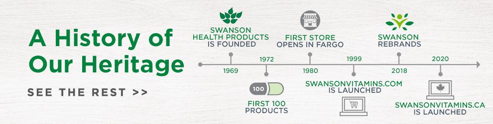 A History of Our Heritage. Swanson Products is Founded in 1969. First 100 products in 1972. First store opens in Fargo in 1980. Swansonvitamins.com is launched in 1999. Swanson rebranded in 2018. Swansonvitamins.com is launched in Canada in 2020.