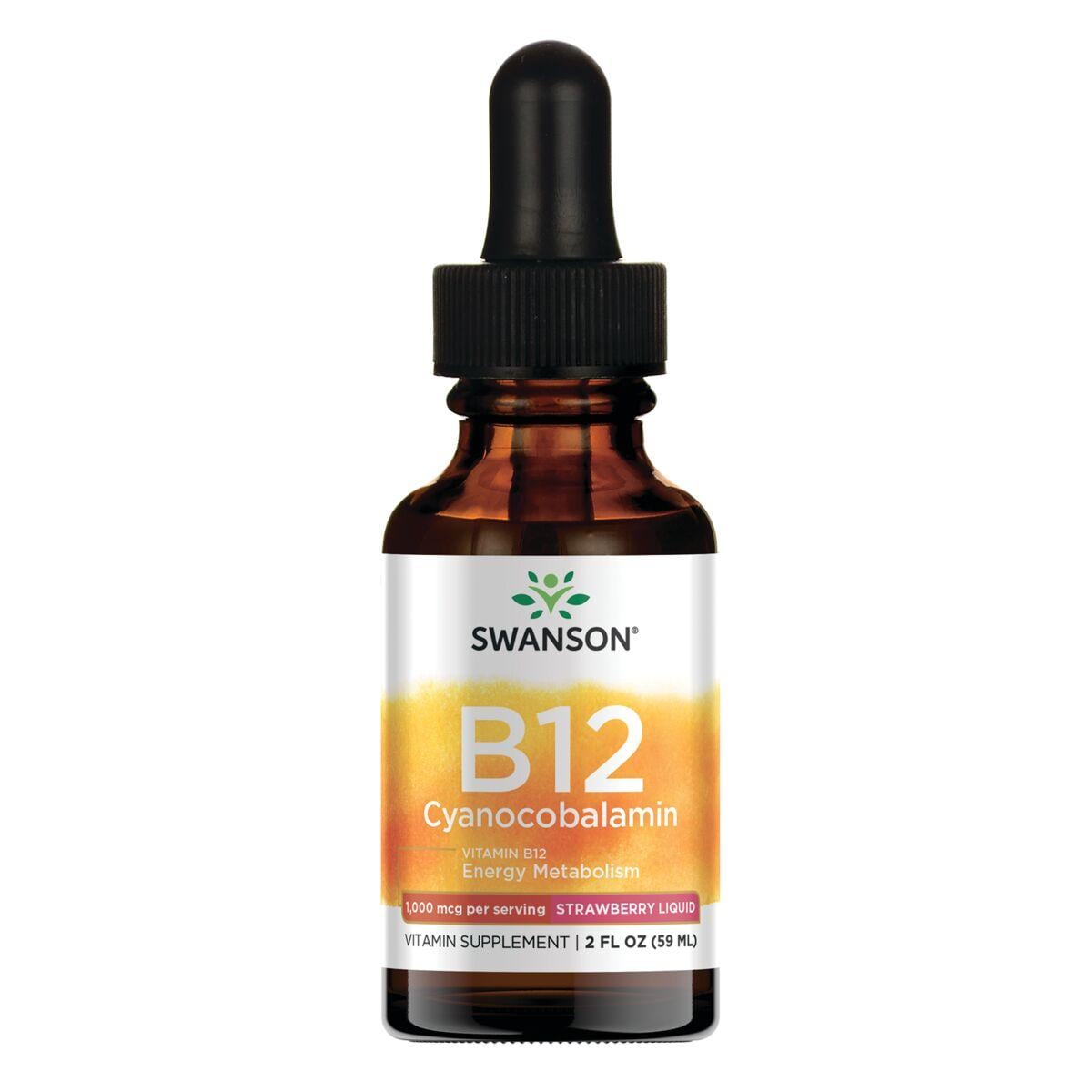 Swanson Premium Vitamin B12 Cyanocobalamin - Strawberry Liquid | 1000 mcg 2 fl oz Liquid