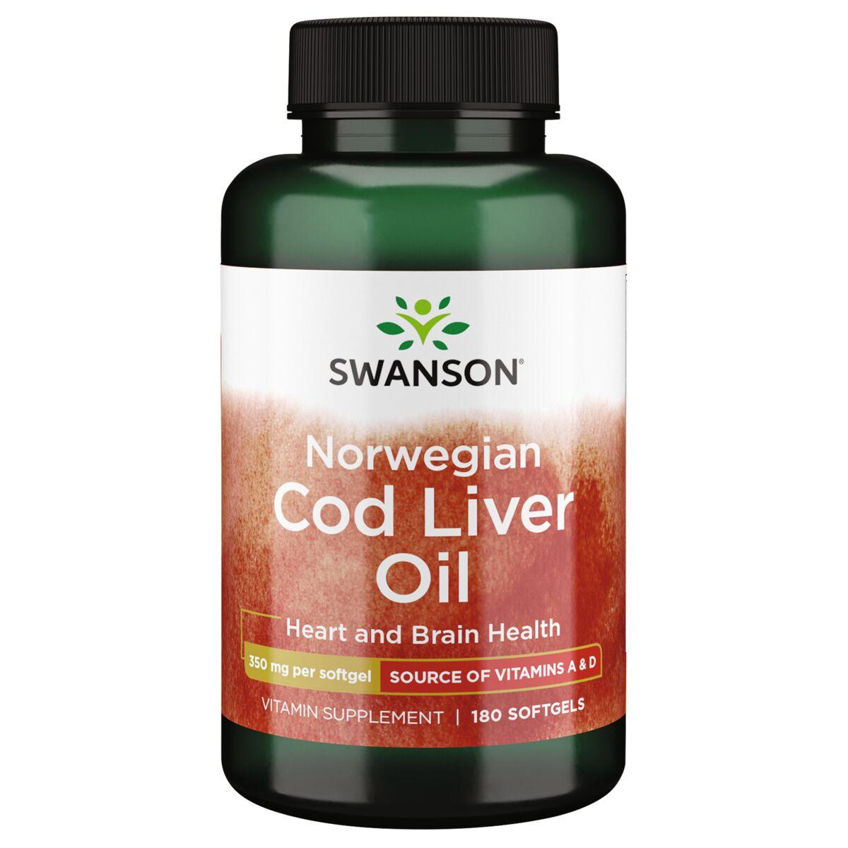 Swanson Premium Norwegian Cod Liver Oil Supplement Vitamin 350 mg 180 Soft Gels