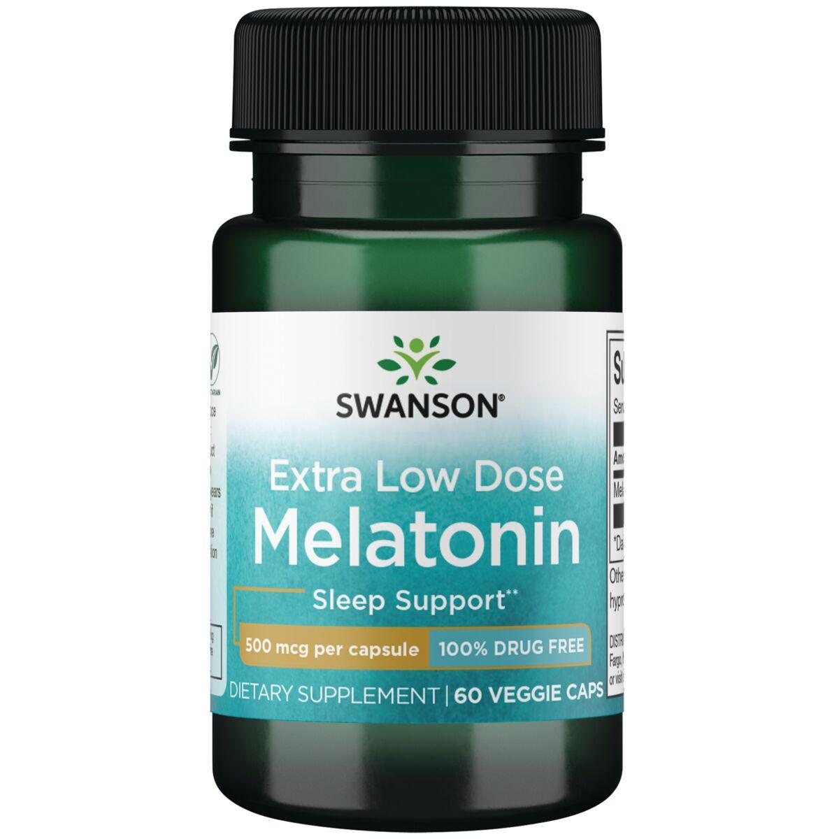 Swanson Premium Extra Low Dose Melatonin - 100% Drug Free Supplement Vitamin | 500 mcg | 60 Veg Caps
