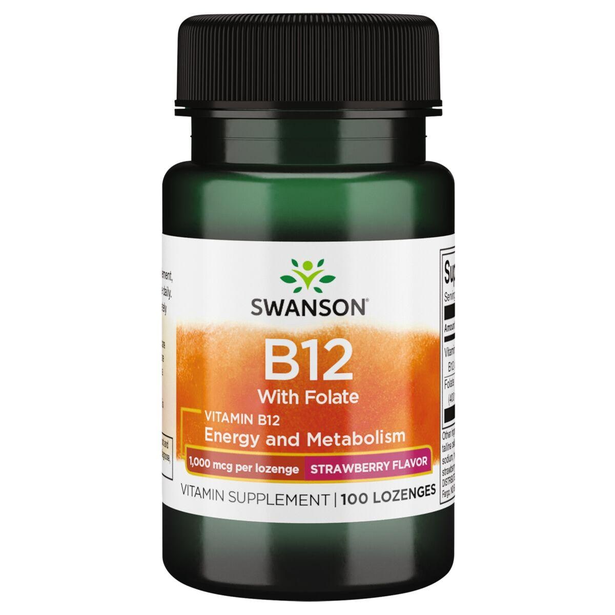 Swanson Premium Vitamin B12 with Folate - Strawberry Flavor | 1000 mcg | 100 Loz