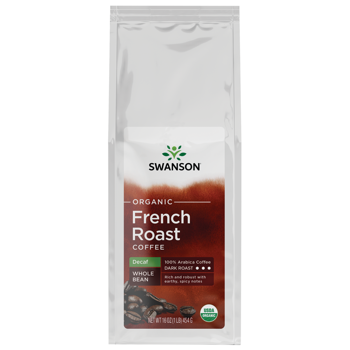 Органический цельнозерновой кофе французской обжарки Swanson без кофеина - темная обжарка, упаковка 16 унций