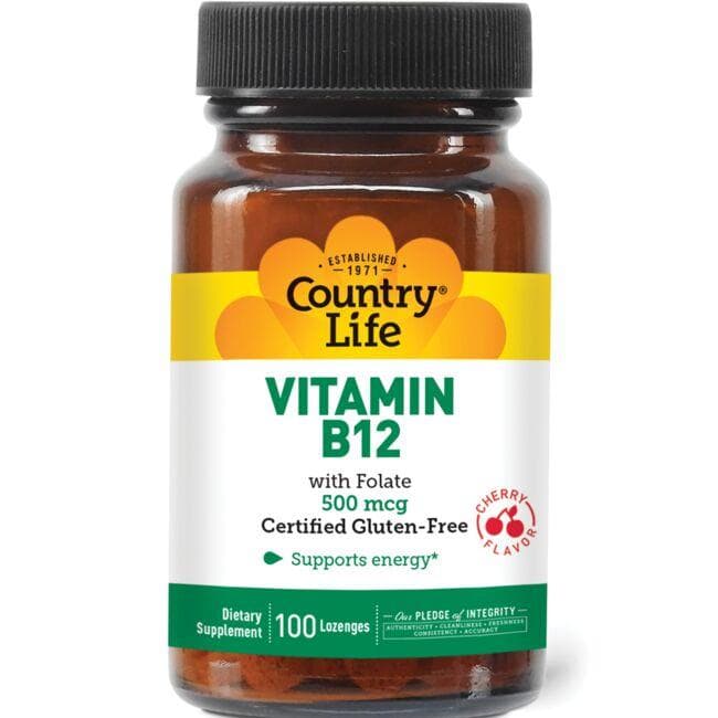 Country Life Vitamin B12 with Folate - Cherry | 500 mcg | 100 Loz | Vitamin C