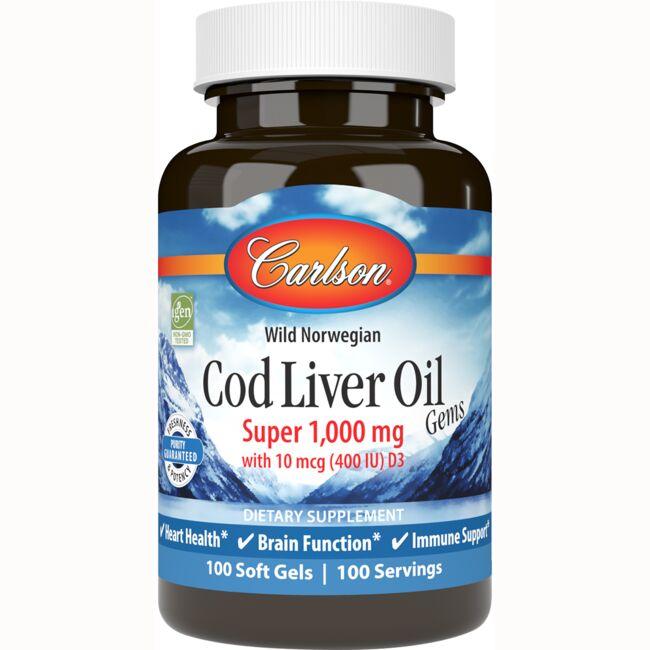 Carlson Wild Norwegian Cod Liver Oil Gems Supplement Vitamin 1000 mg 100 Soft Gels