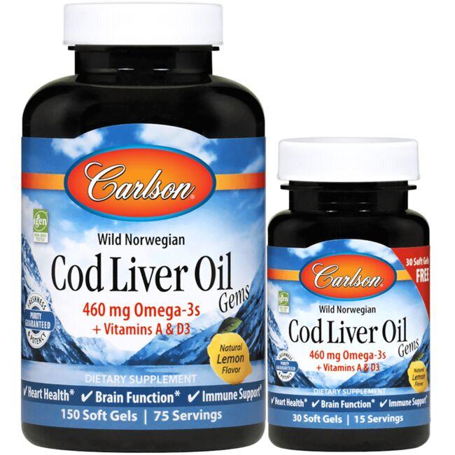 Carlson Wild Norwegian Cod Liver Oil Gems - Lemon Supplement Vitamin 150+30 Soft Gels