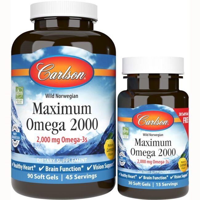 Carlson Wild Norwegian Maximum Omega 2000 - Lemon Supplement Vitamin 2000 mg 90 + 30 Free Soft Gels