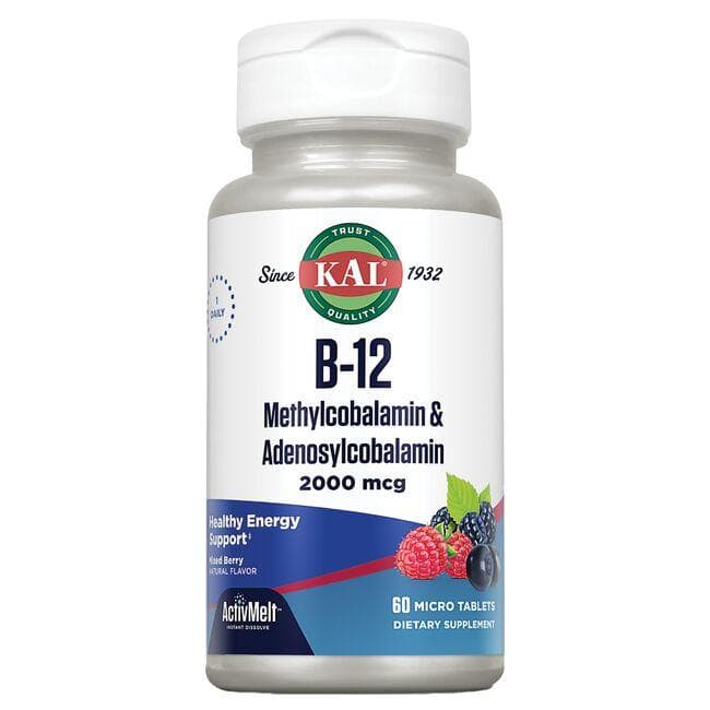 Kal B-12 Methylcobalamin & Adenosylcobalamin - Mixed Berry Vitamin | 2000 mcg | 60 Tabs