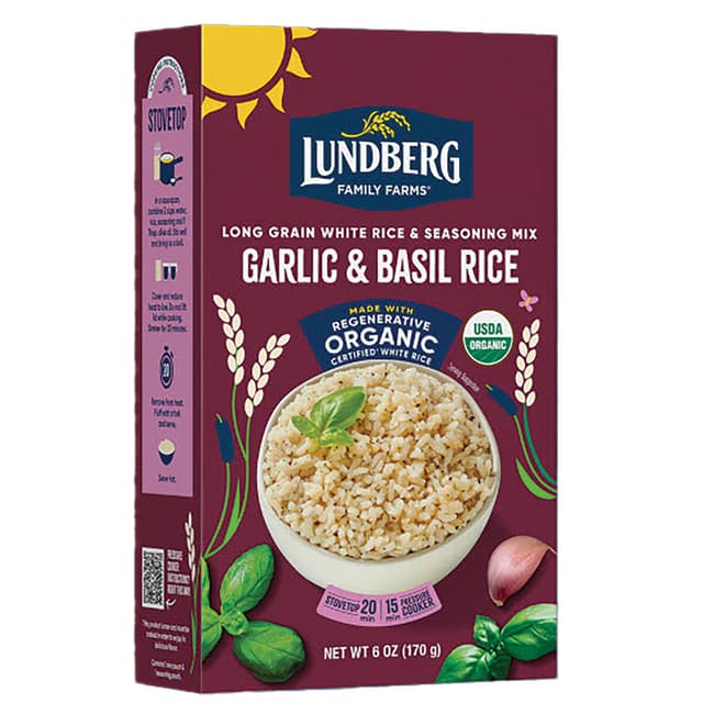 Фермерское хозяйство Lundberg Family выращивает длиннозерный белый рис и смесь приправ - Чеснок и базилик