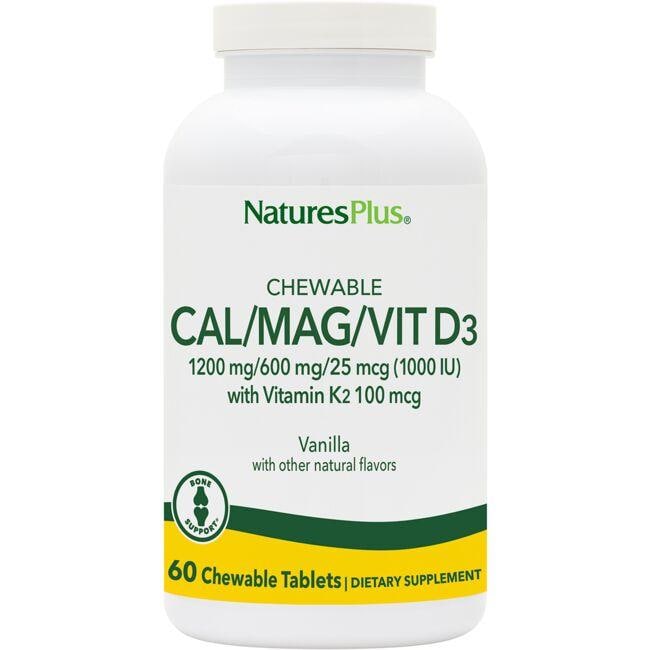 NaturesPlus High Potency Chewable Cal/Mag/Vit D3 with Vitamink2 - Vanilla 60 Chewables