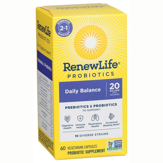 Renew Life Daily Balance 2-in-1 Prebiotics + Probiotics Supplement Vitamin 20 Billion CFU 60 Veg Caps