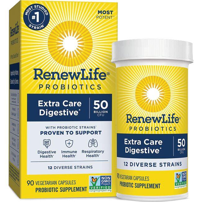 Renew Life Extra Care Digestive Probiotics Supplement Vitamin | 50 Billion CFU | 90 Veg Caps