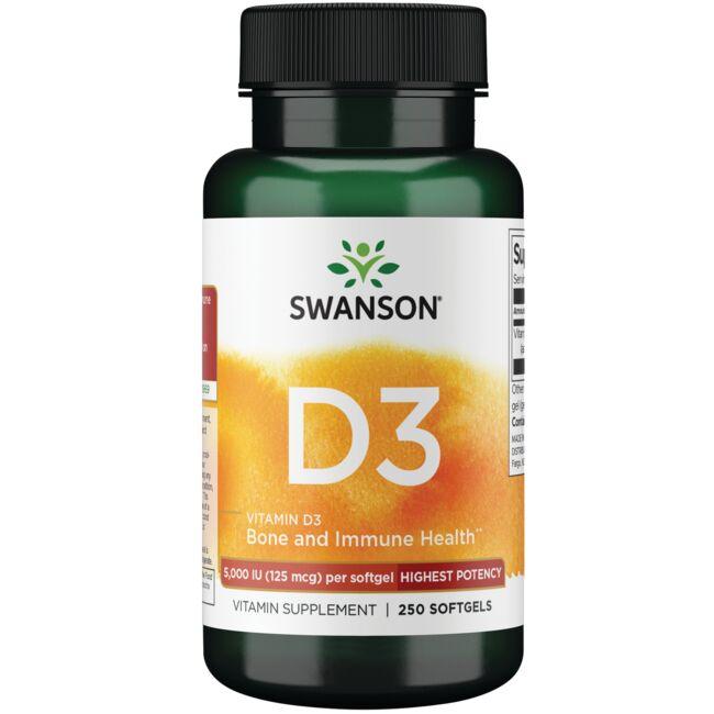 Swanson Premium Vitamin D3 - Highest Potency 5000 Iu 250 Soft Gels
