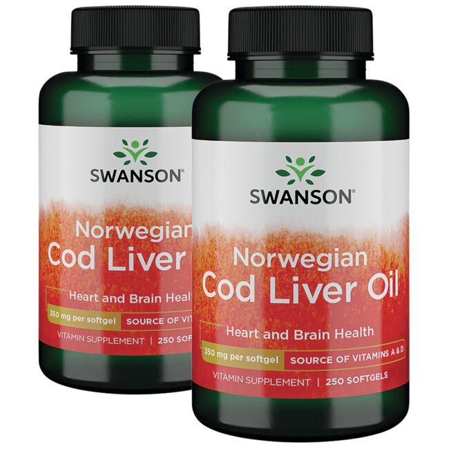 Swanson Premium Norwegian Cod Liver Oil - 2 Pack Supplement Vitamin 350 mg 250 Soft Gels Per Bottle